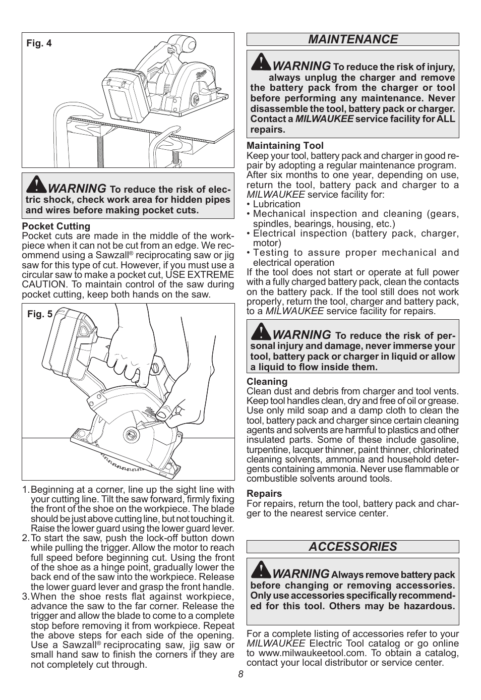 Warning, Accessories, Maintenance | Milwaukee Tool 2682-20 User Manual | Page 8 / 28