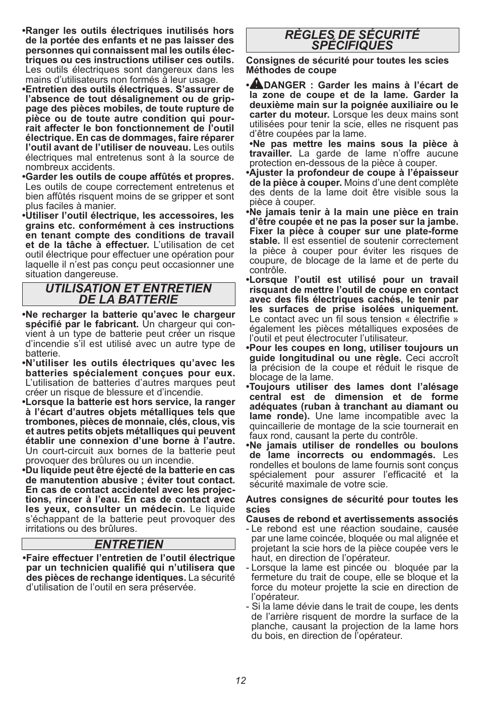 Utilisation et entretien de la batterie, Entretien, Règles de sécurité spécifiques | Milwaukee Tool 0740-20 User Manual | Page 12 / 32