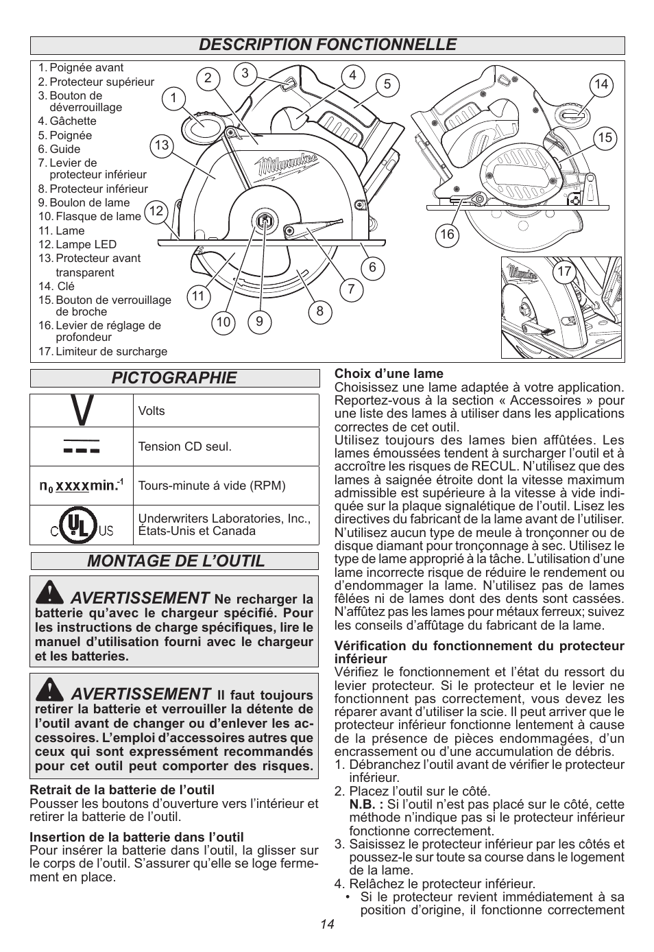 Pictographie avertissement, Montage de l’outil avertissement, Description fonctionnelle | Milwaukee Tool 0740-20 User Manual | Page 14 / 32