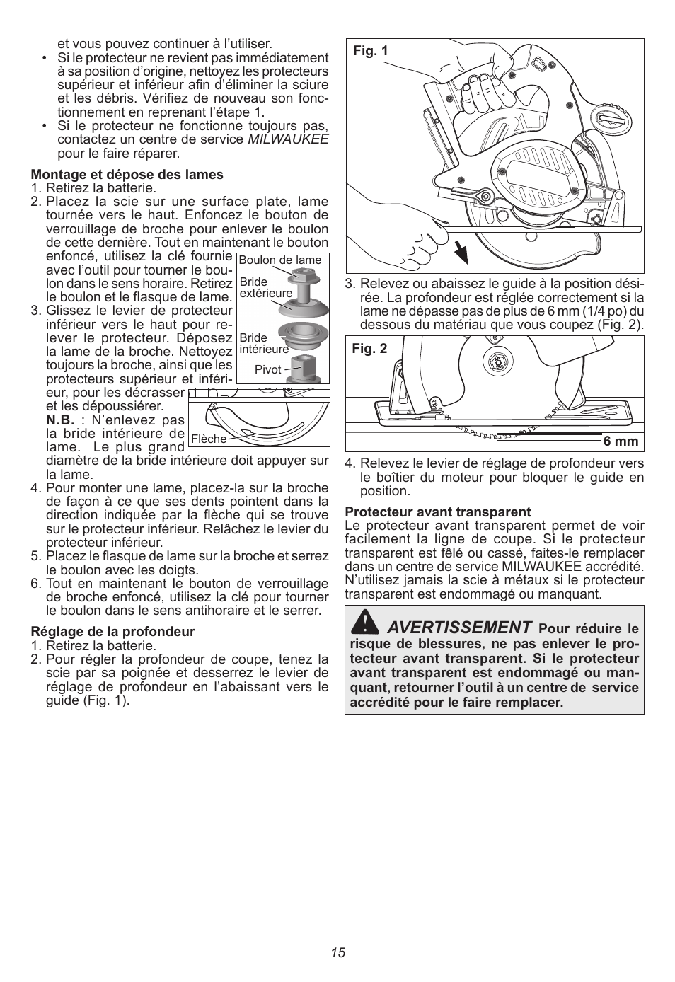 Avertissement | Milwaukee Tool 0740-20 User Manual | Page 15 / 32