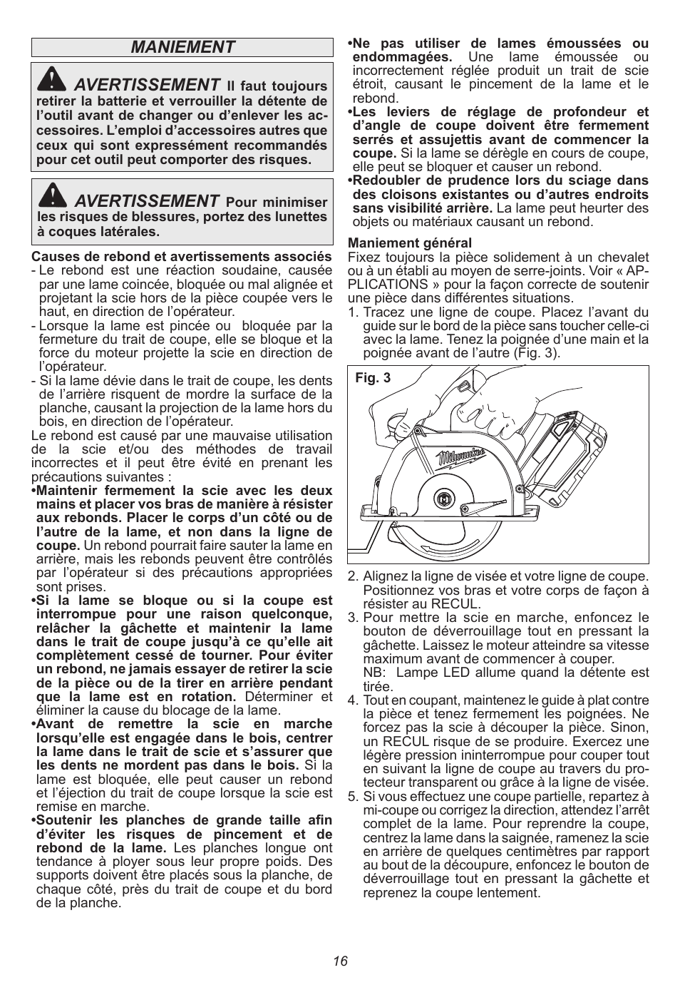 Maniement avertissement, Avertissement | Milwaukee Tool 0740-20 User Manual | Page 16 / 32