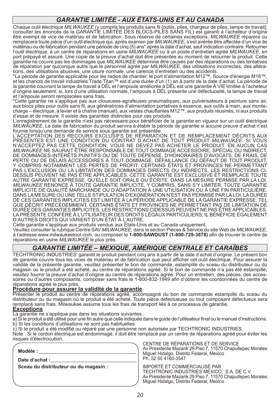 Garantie limitée - aux états-unis et au canada | Milwaukee Tool 0740-20 User Manual | Page 20 / 32
