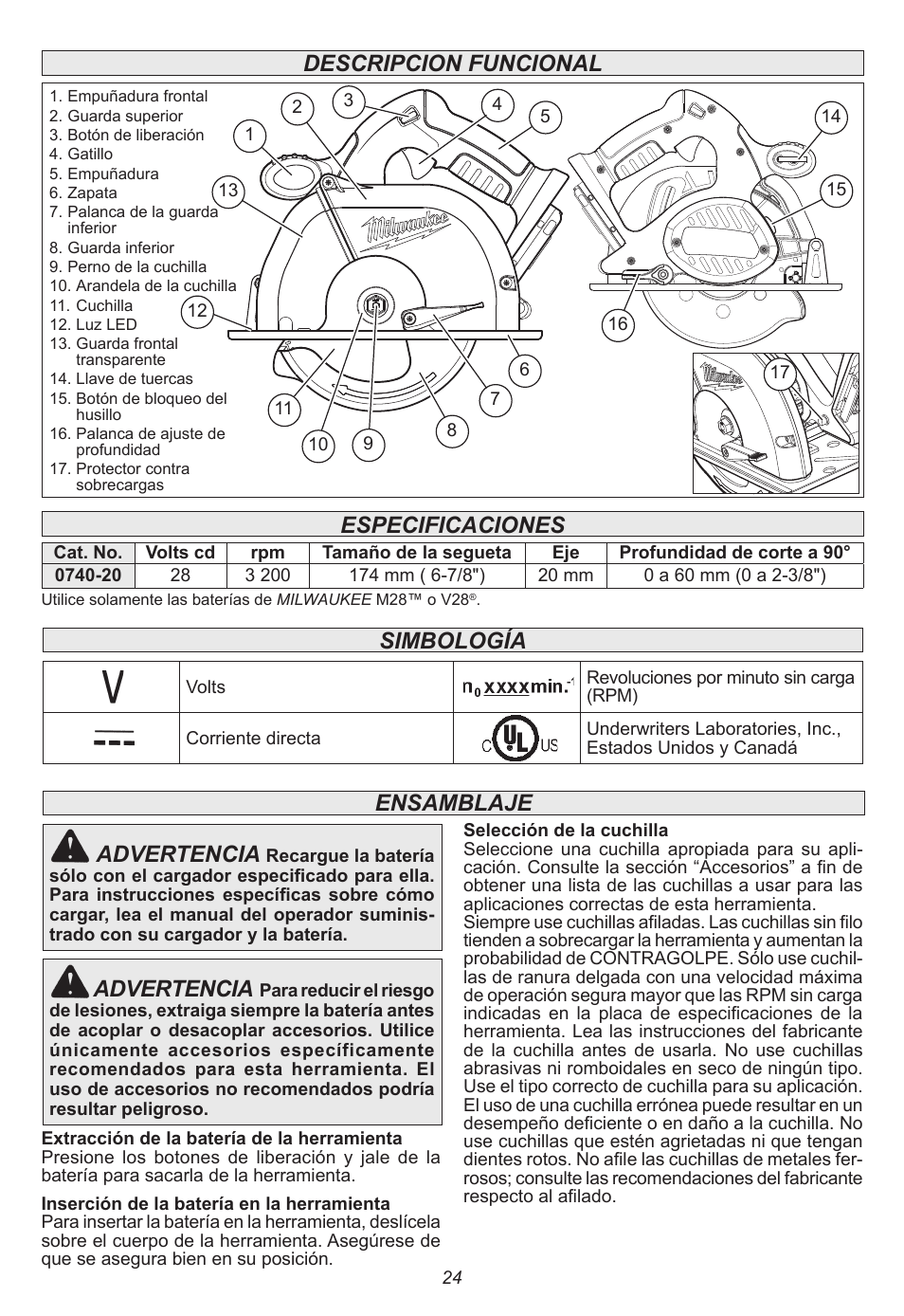 Ensamblaje advertencia, Advertencia, Descripcion funcional | Especificaciones, Simbología | Milwaukee Tool 0740-20 User Manual | Page 24 / 32