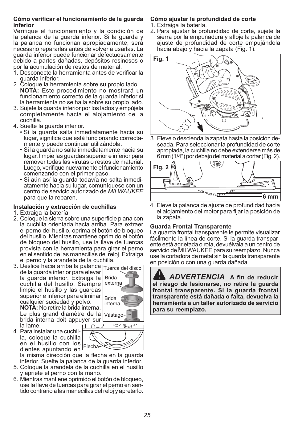 Advertencia | Milwaukee Tool 0740-20 User Manual | Page 25 / 32