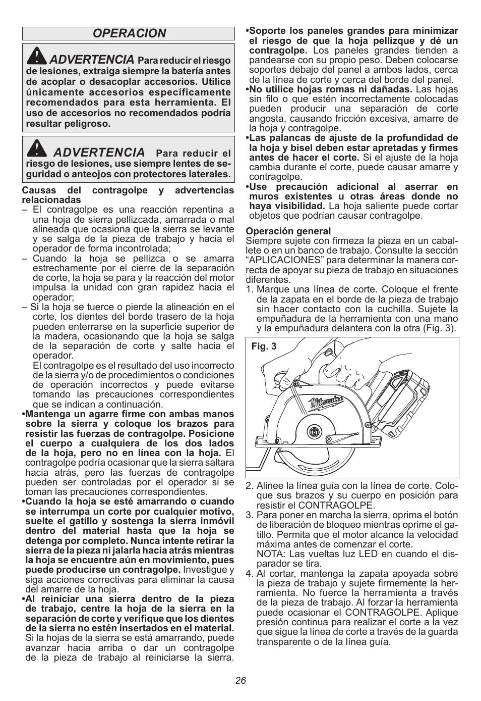 Operacion advertencia, Advertencia | Milwaukee Tool 0740-20 User Manual | Page 26 / 32