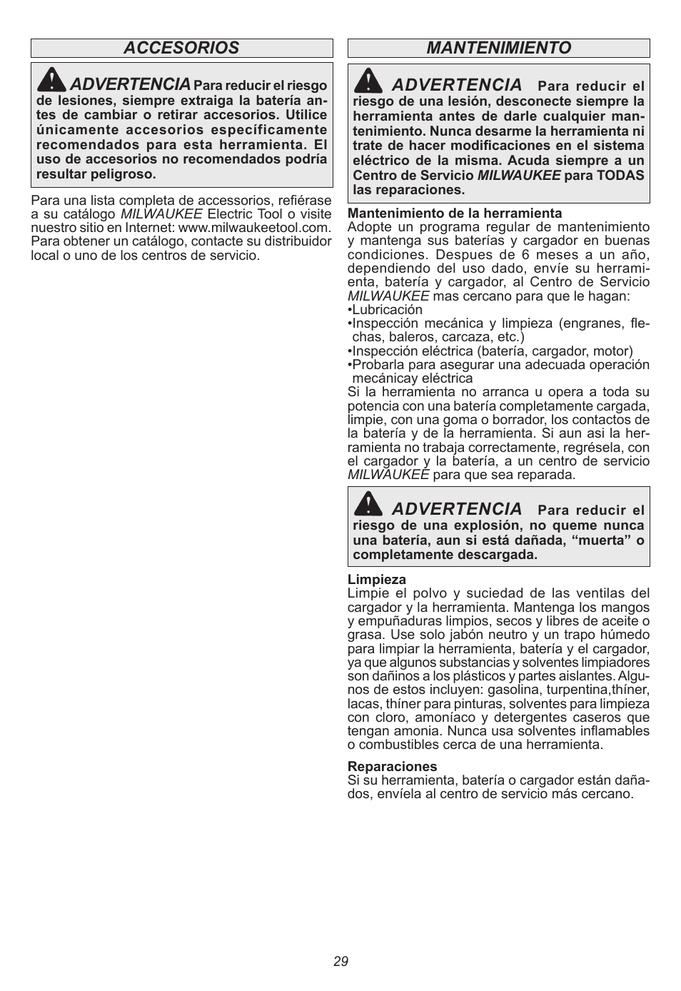 Mantenimiento advertencia, Advertencia, Accesorios advertencia | Milwaukee Tool 0740-20 User Manual | Page 29 / 32