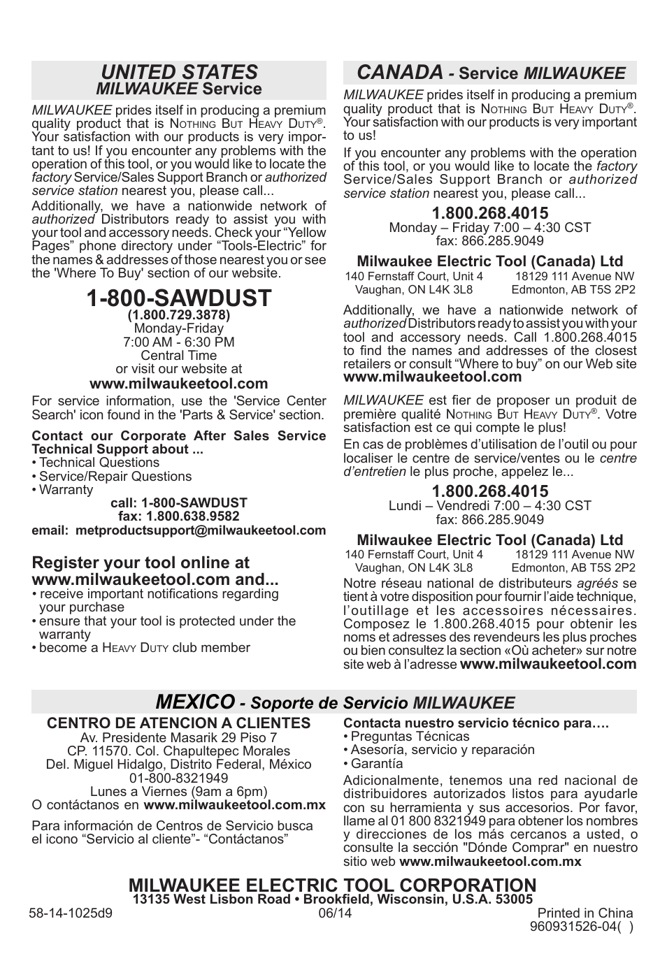 800-sawdust, United states, Canada | Mexico, Milwaukee electric tool corporation, Milwaukee service, Service milwaukee, Soporte de servicio milwaukee | Milwaukee Tool 0740-20 User Manual | Page 32 / 32