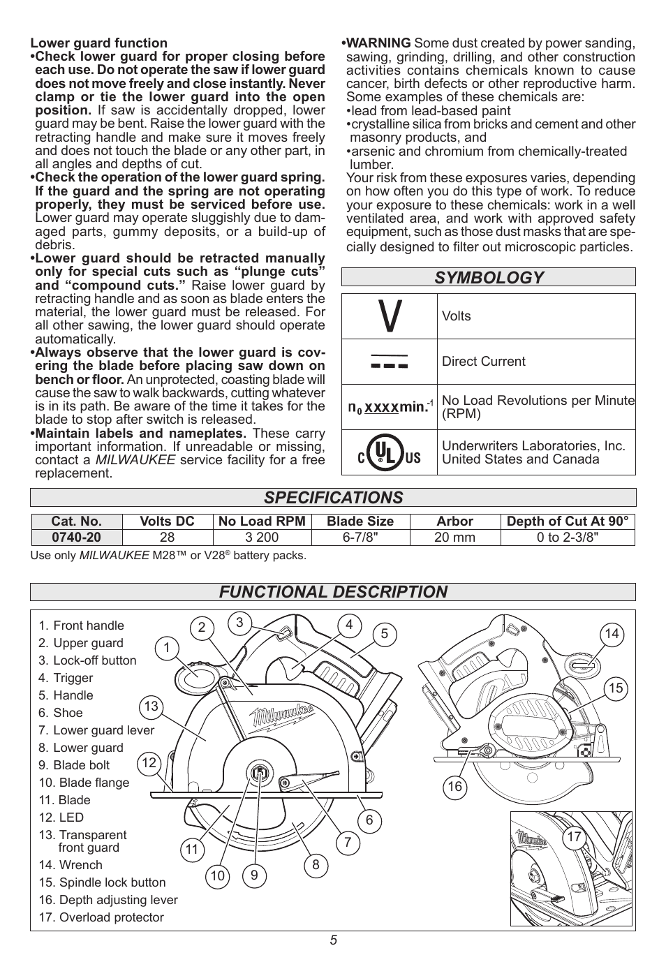 Functional description symbology specifications | Milwaukee Tool 0740-20 User Manual | Page 5 / 32