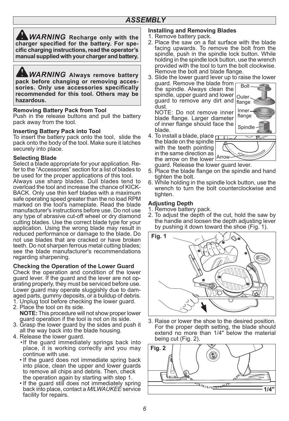 Assembly warning, Warning | Milwaukee Tool 0740-20 User Manual | Page 6 / 32