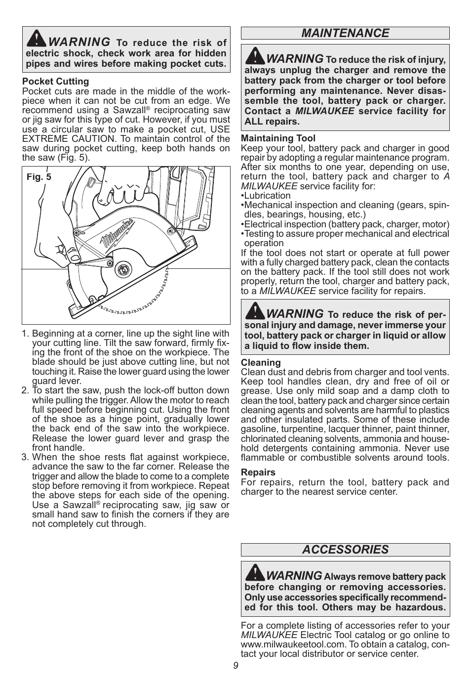 Warning, Accessories, Maintenance | Milwaukee Tool 0740-20 User Manual | Page 9 / 32