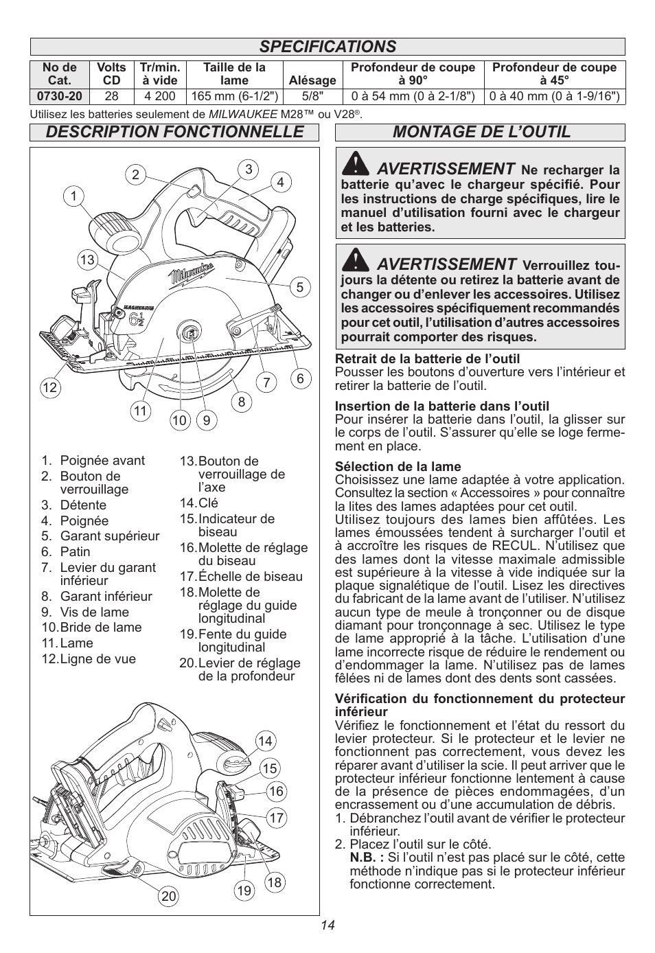 Avertissement | Milwaukee Tool 0730-20 User Manual | Page 14 / 32