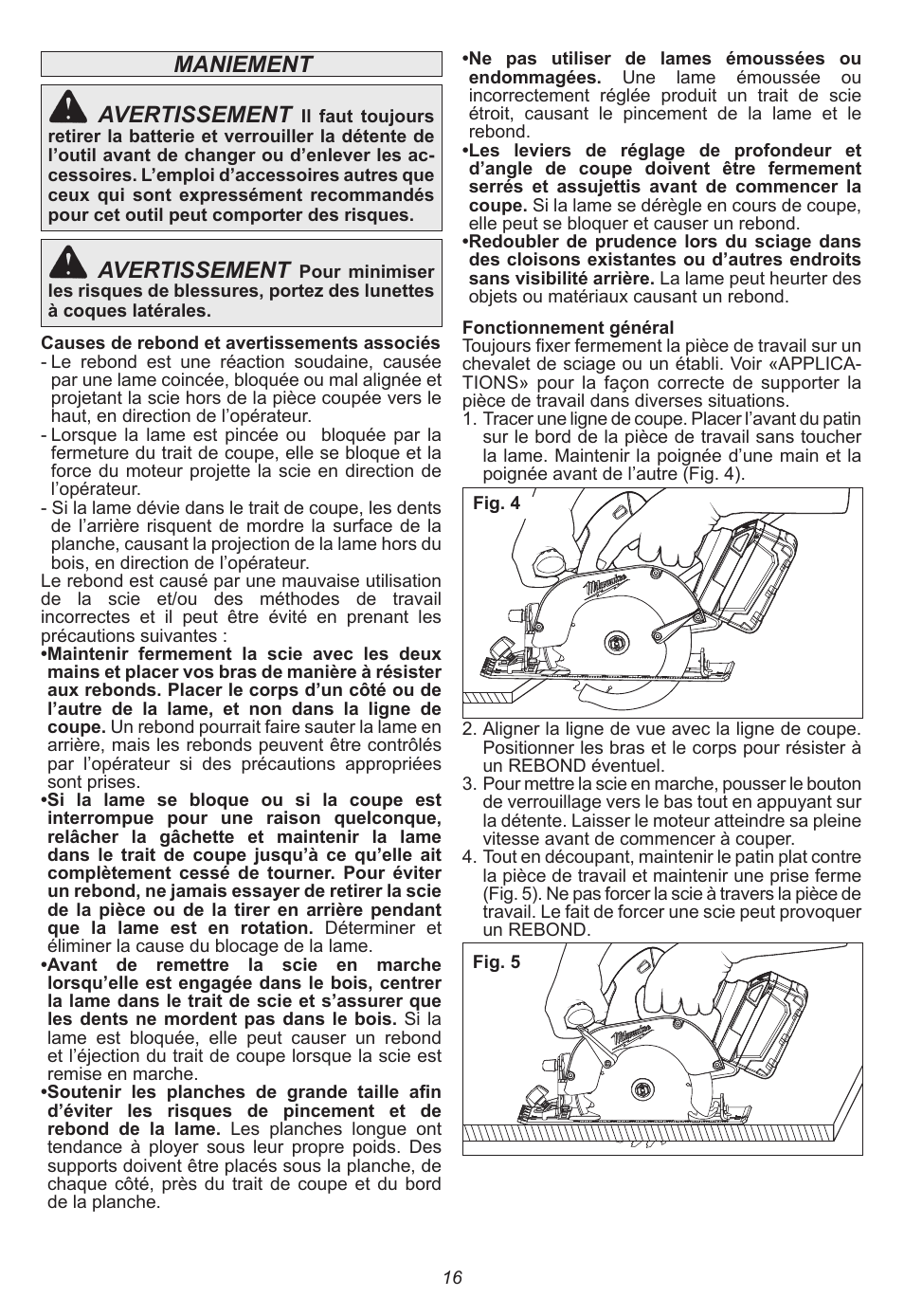 Maniement avertissement, Avertissement | Milwaukee Tool 0730-20 User Manual | Page 16 / 32