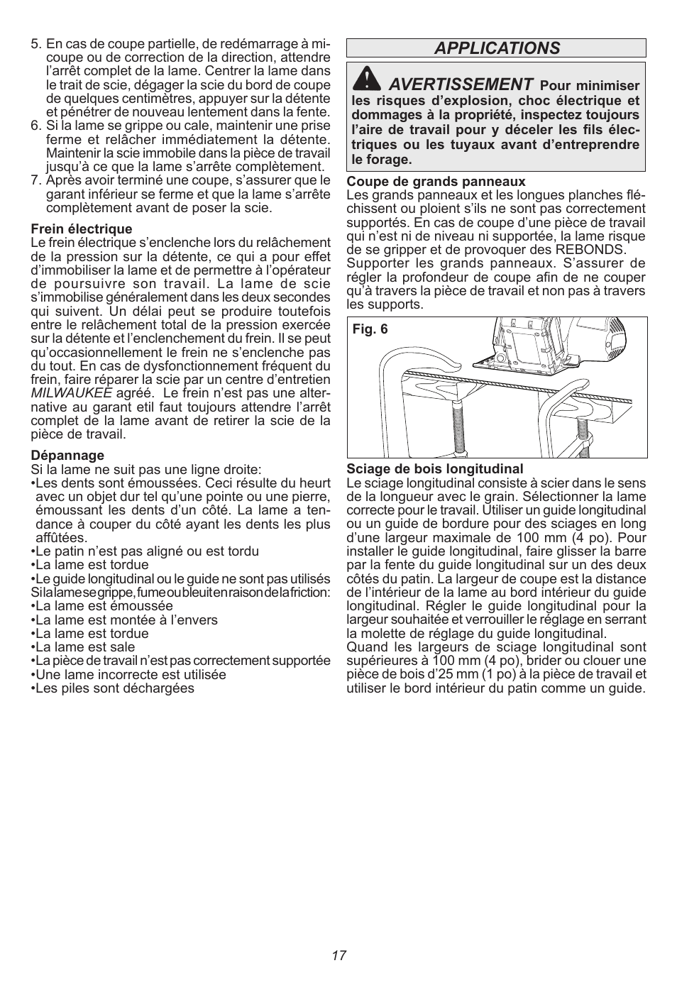 Avertissement, Applications | Milwaukee Tool 0730-20 User Manual | Page 17 / 32