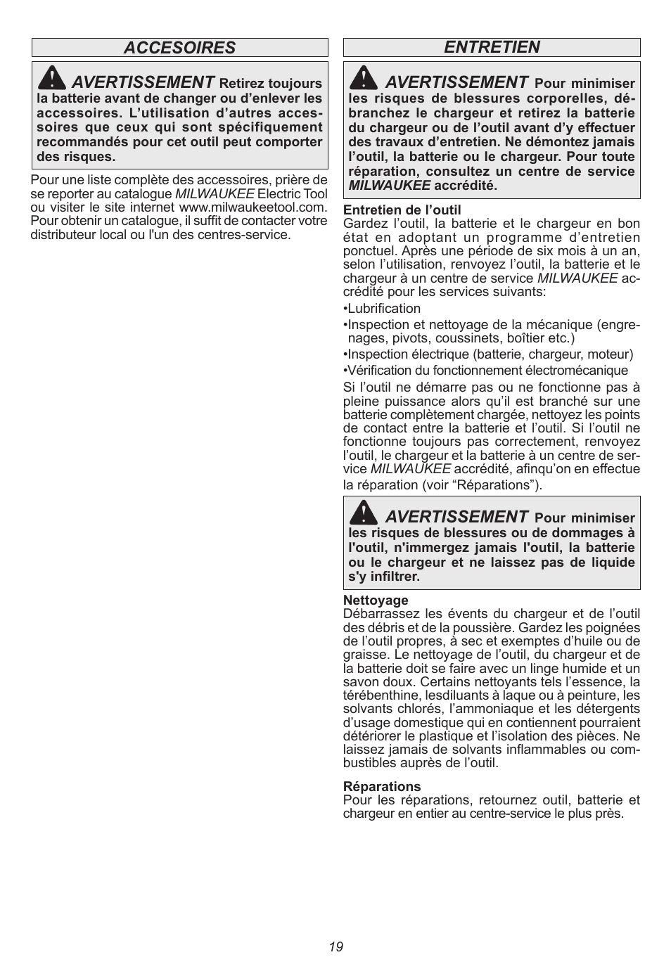 Accesoires avertissement, Entretien avertissement, Avertissement | Milwaukee Tool 0730-20 User Manual | Page 19 / 32