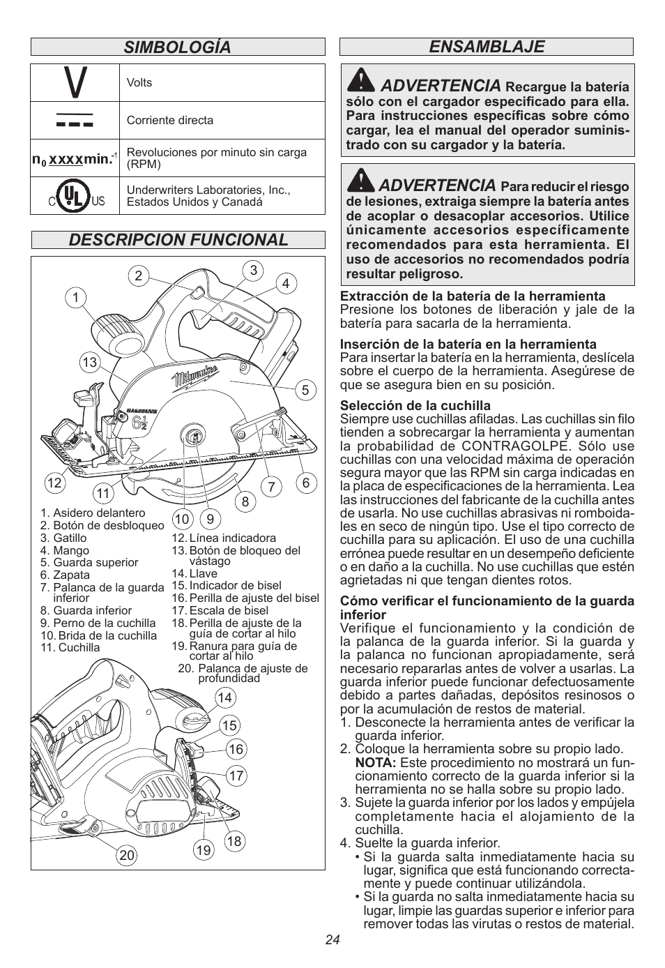 Advertencia | Milwaukee Tool 0730-20 User Manual | Page 24 / 32