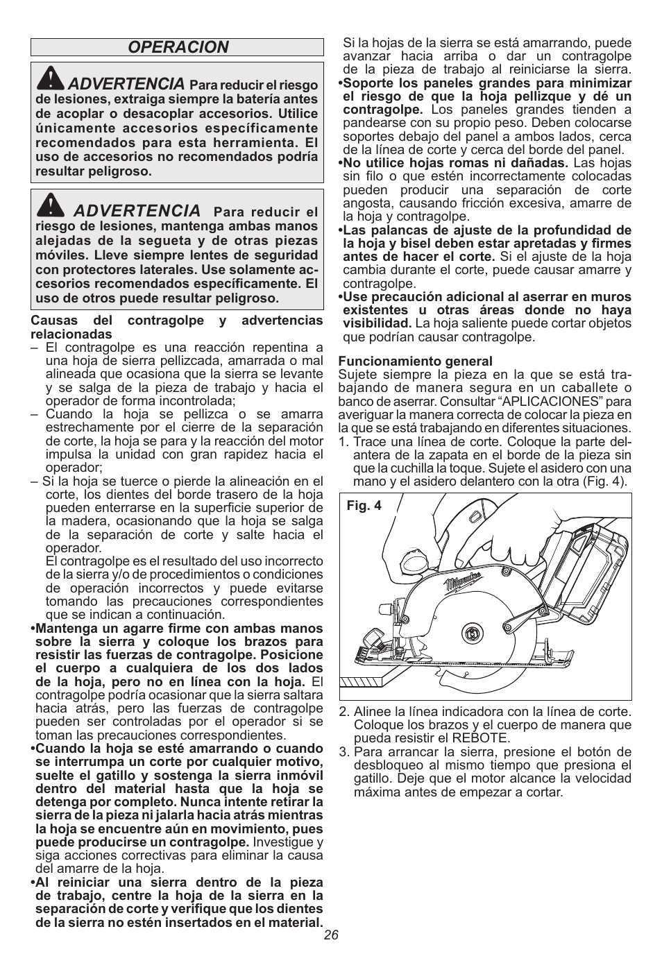 Operacion advertencia, Advertencia | Milwaukee Tool 0730-20 User Manual | Page 26 / 32