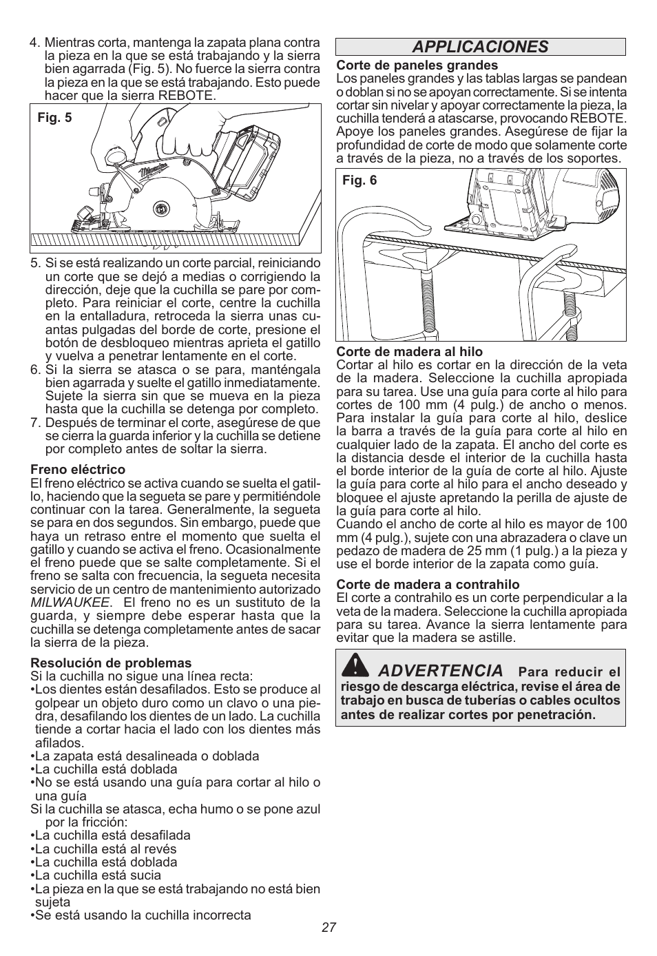 Applicaciones, Advertencia | Milwaukee Tool 0730-20 User Manual | Page 27 / 32