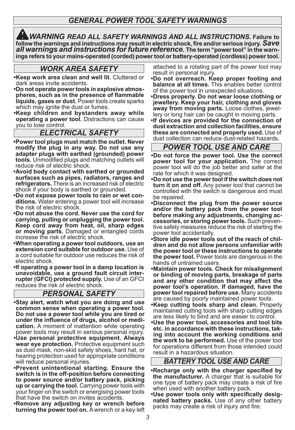 General power tool safety warnings warning, Power tool use and care | Milwaukee Tool 0730-20 User Manual | Page 3 / 32