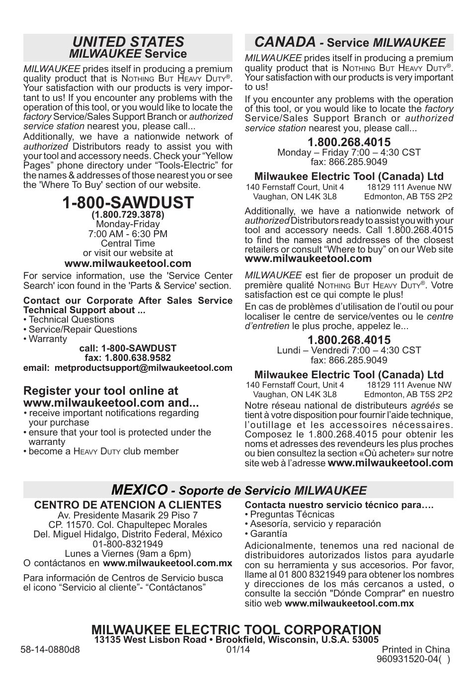 800-sawdust, United states, Canada | Mexico, Milwaukee electric tool corporation, Milwaukee service, Service milwaukee, Soporte de servicio milwaukee | Milwaukee Tool 0730-20 User Manual | Page 32 / 32