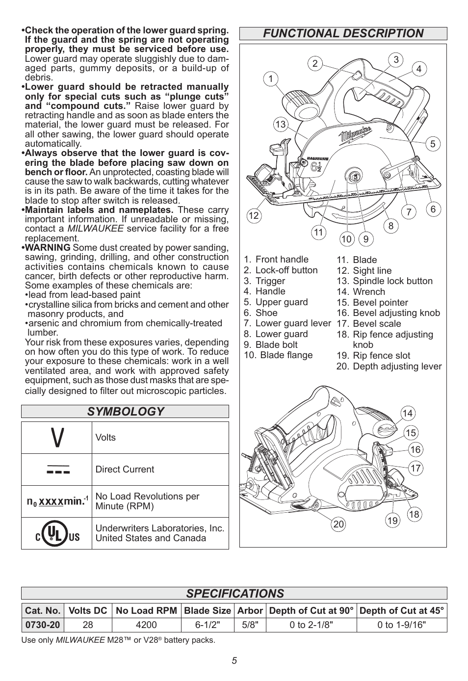 Specifications, Functional description symbology | Milwaukee Tool 0730-20 User Manual | Page 5 / 32