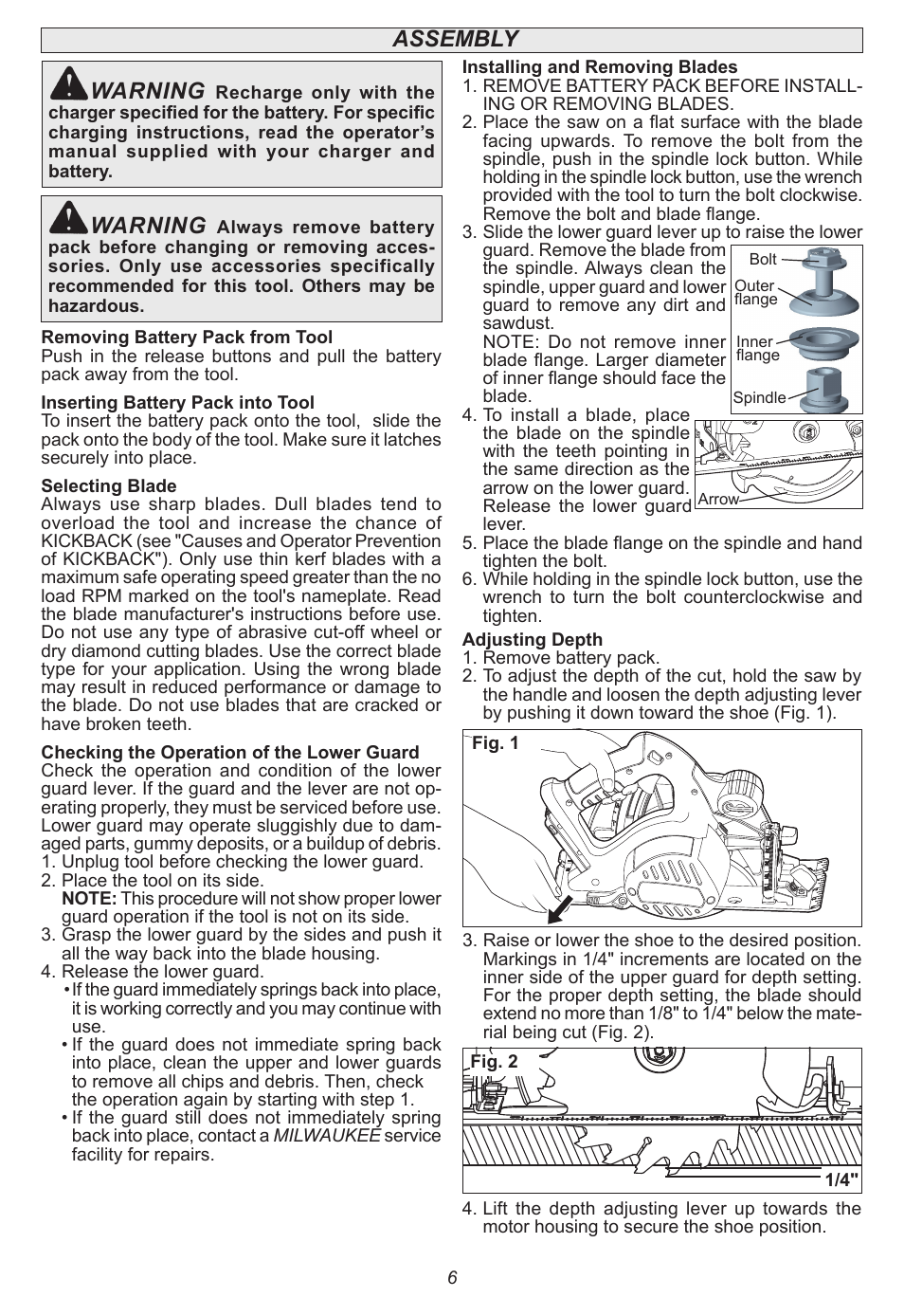 Assembly warning, Warning | Milwaukee Tool 0730-20 User Manual | Page 6 / 32