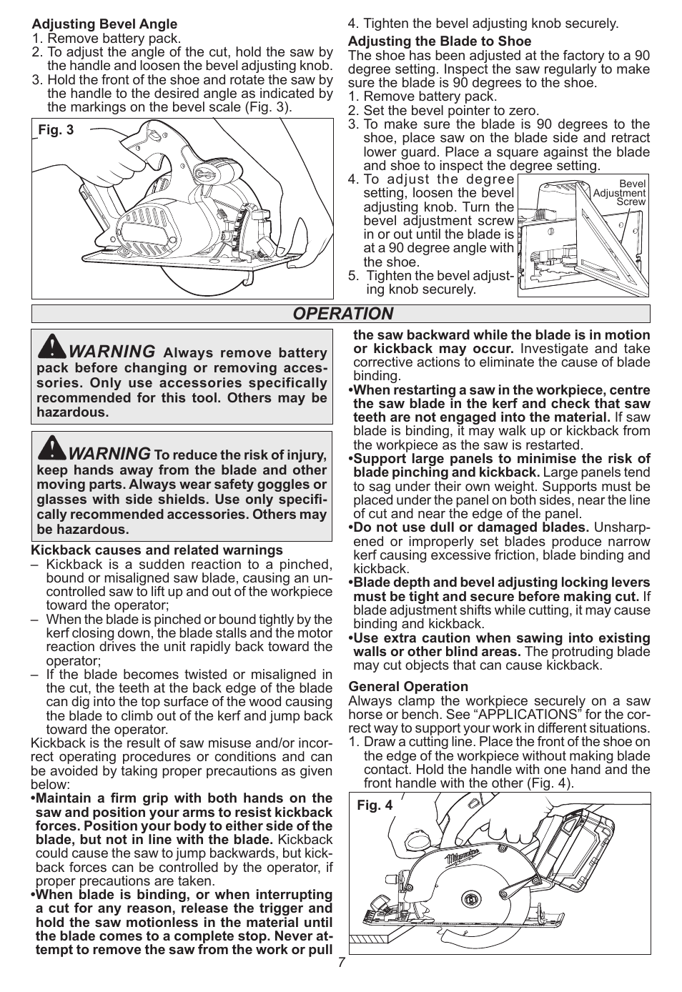 Operation warning, Warning | Milwaukee Tool 0730-20 User Manual | Page 7 / 32