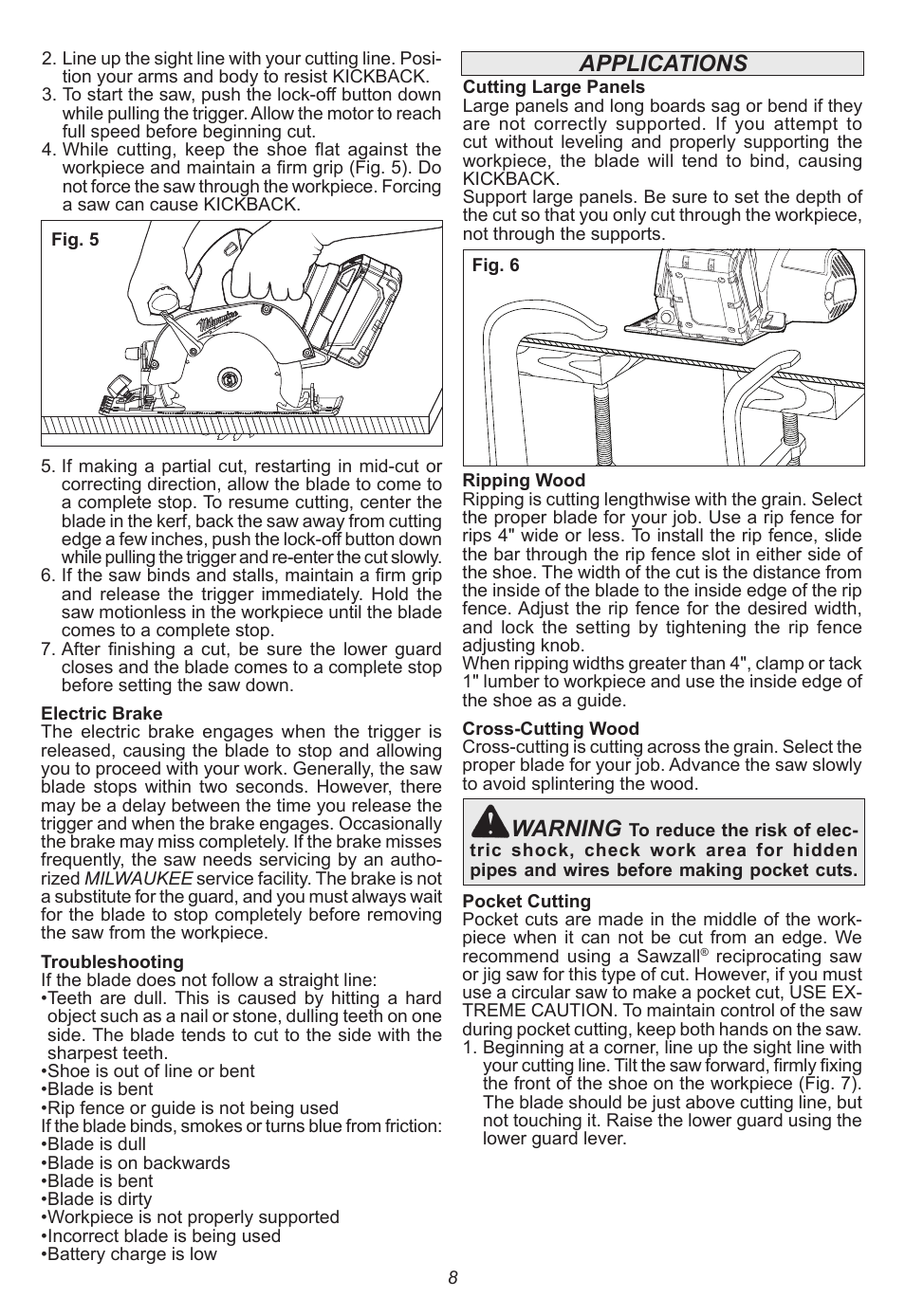 Applications warning | Milwaukee Tool 0730-20 User Manual | Page 8 / 32