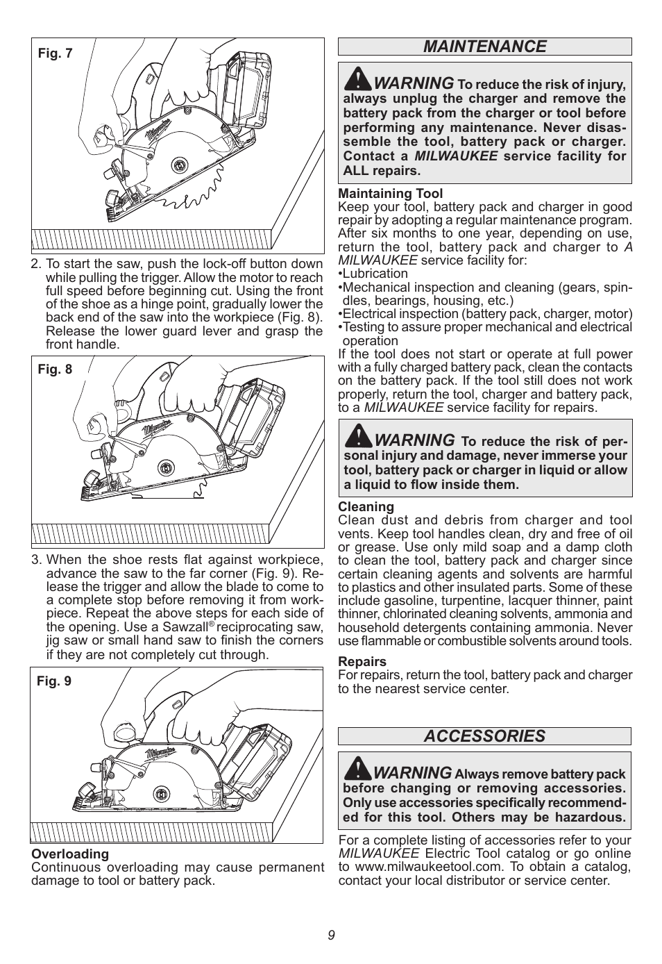 Maintenance, Warning, Accessories | Milwaukee Tool 0730-20 User Manual | Page 9 / 32