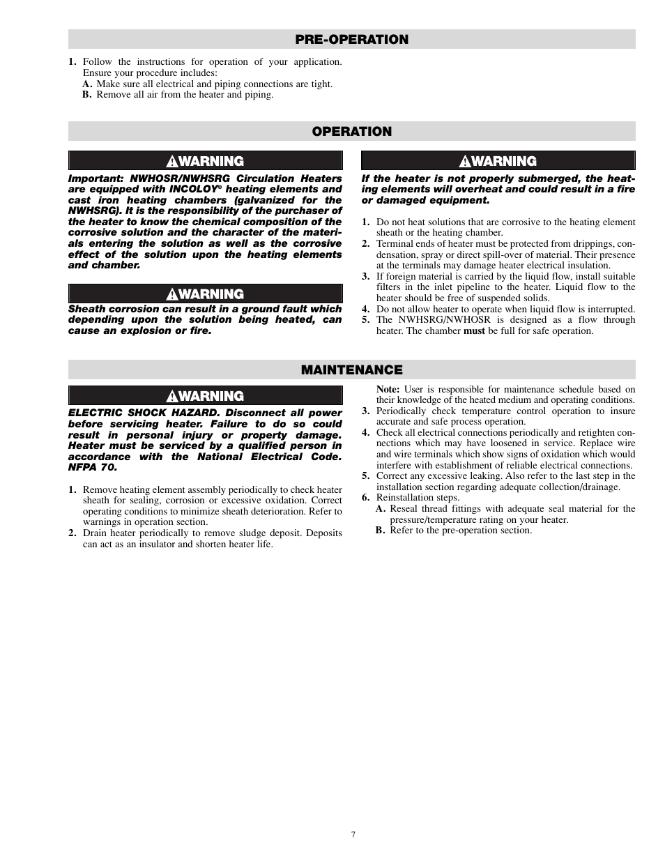 Operation, Pre-operation, Maintenance | Chromalox VERSATHERM PE414-3 User Manual | Page 7 / 8