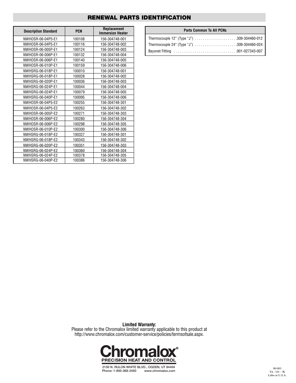 Renewal parts identification | Chromalox VERSATHERM PE414-3 User Manual | Page 8 / 8