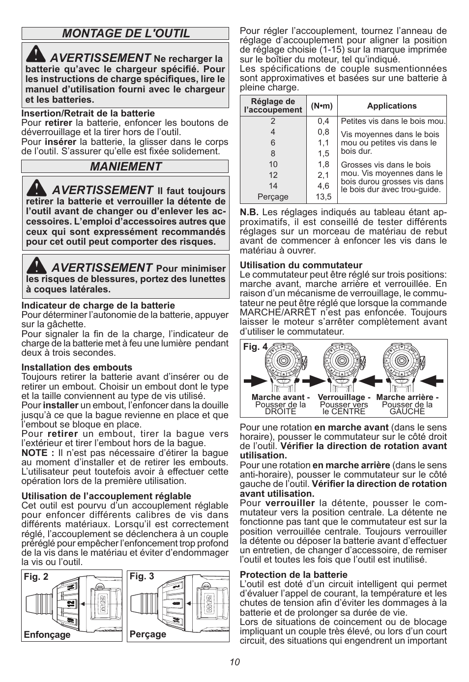 Avertissement, Montage de l'outil avertissement, Maniement avertissement | Milwaukee Tool 2401-22 User Manual | Page 10 / 20