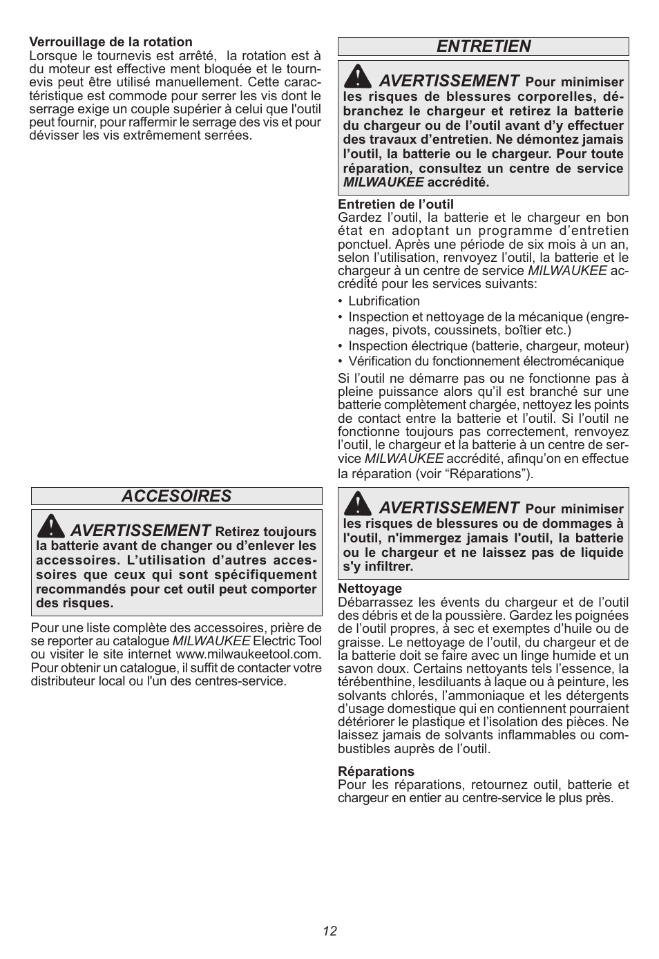 Entretien avertissement, Avertissement, Accesoires avertissement | Milwaukee Tool 2401-22 User Manual | Page 12 / 20