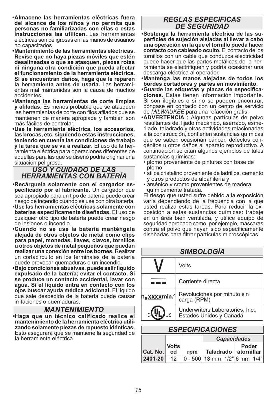 Simbología reglas especificas de seguridad, Especificaciones | Milwaukee Tool 2401-22 User Manual | Page 15 / 20