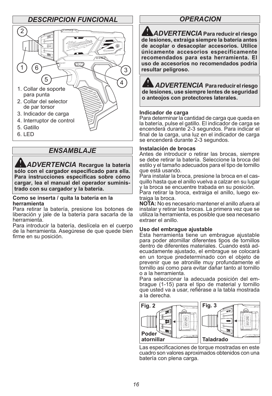 Descripcion funcional, Ensamblaje advertencia, Advertencia | Operacion advertencia | Milwaukee Tool 2401-22 User Manual | Page 16 / 20