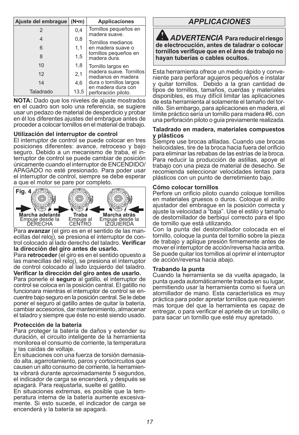 Applicaciones advertencia | Milwaukee Tool 2401-22 User Manual | Page 17 / 20