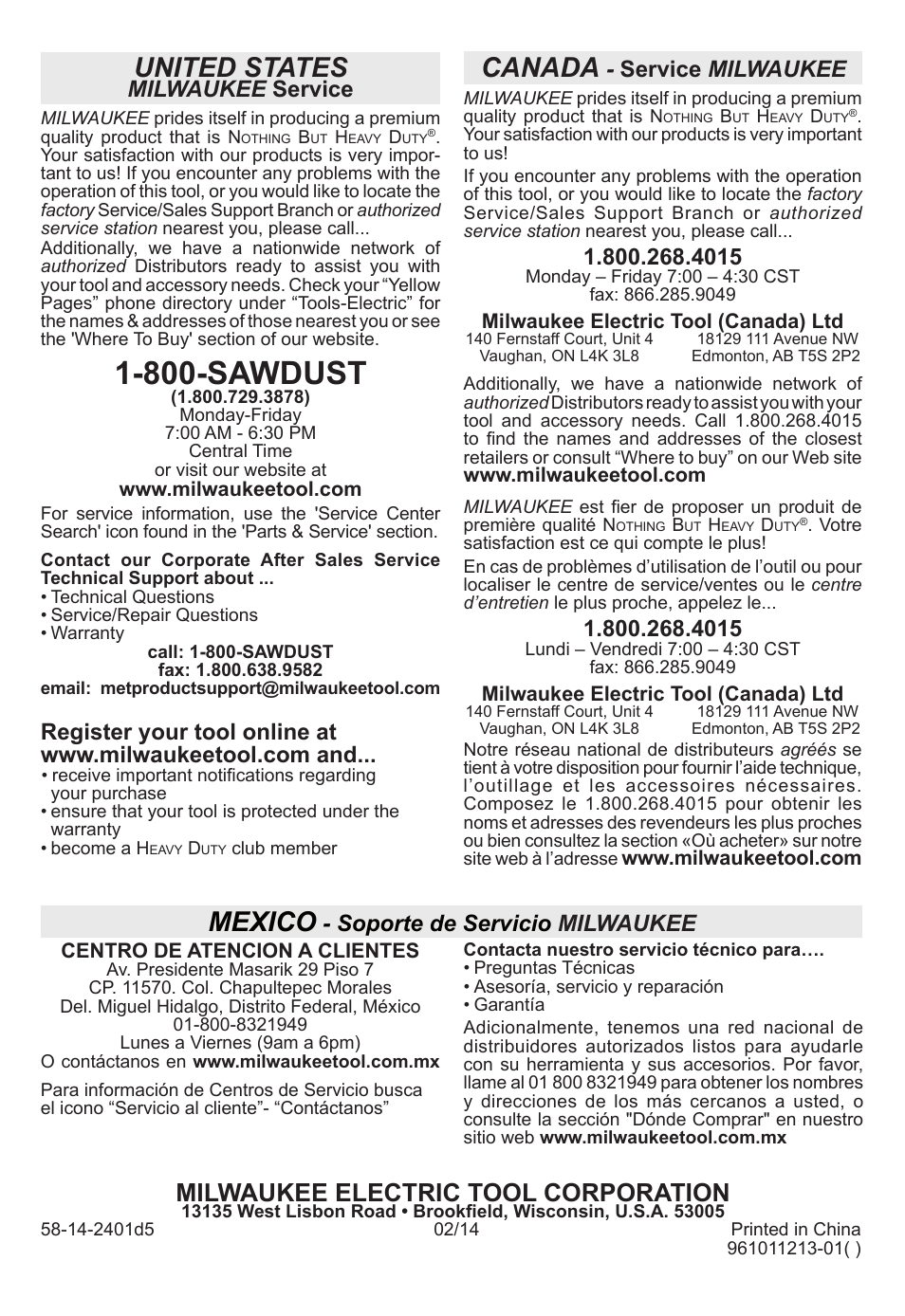 800-sawdust, United states, Canada | Mexico, Milwaukee electric tool corporation, Milwaukee service, Service milwaukee, Soporte de servicio milwaukee | Milwaukee Tool 2401-22 User Manual | Page 20 / 20