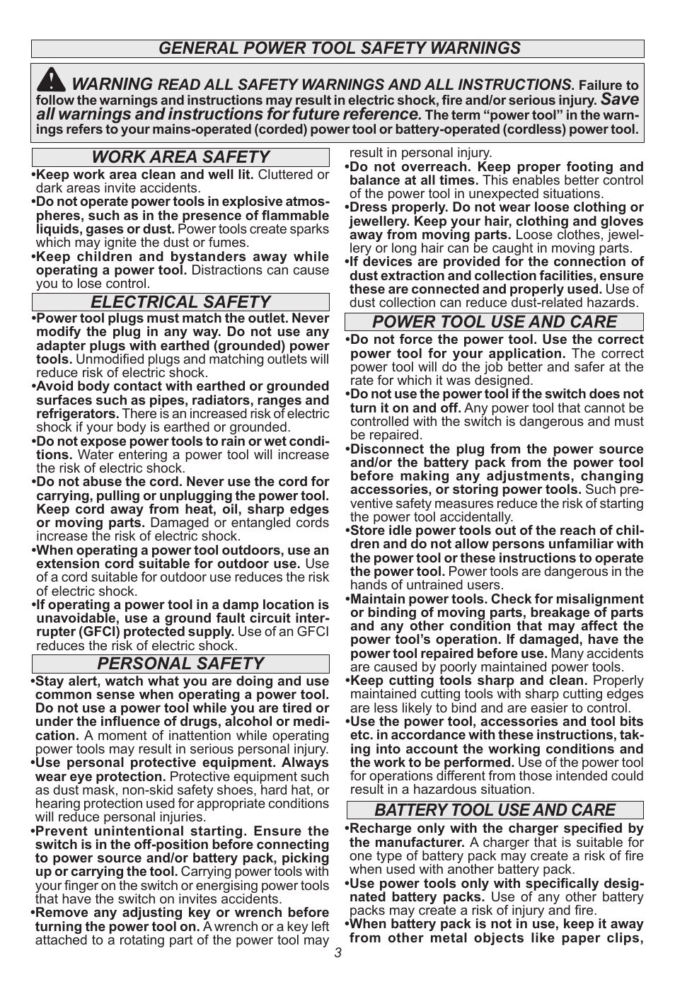 General power tool safety warnings warning, Power tool use and care | Milwaukee Tool 2401-22 User Manual | Page 3 / 20