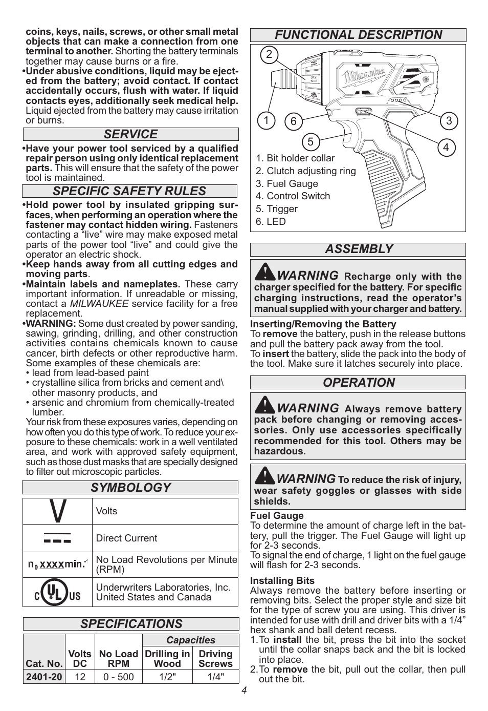 Functional description assembly warning, Operation warning, Warning | Symbology, Specifications specific safety rules, Service | Milwaukee Tool 2401-22 User Manual | Page 4 / 20