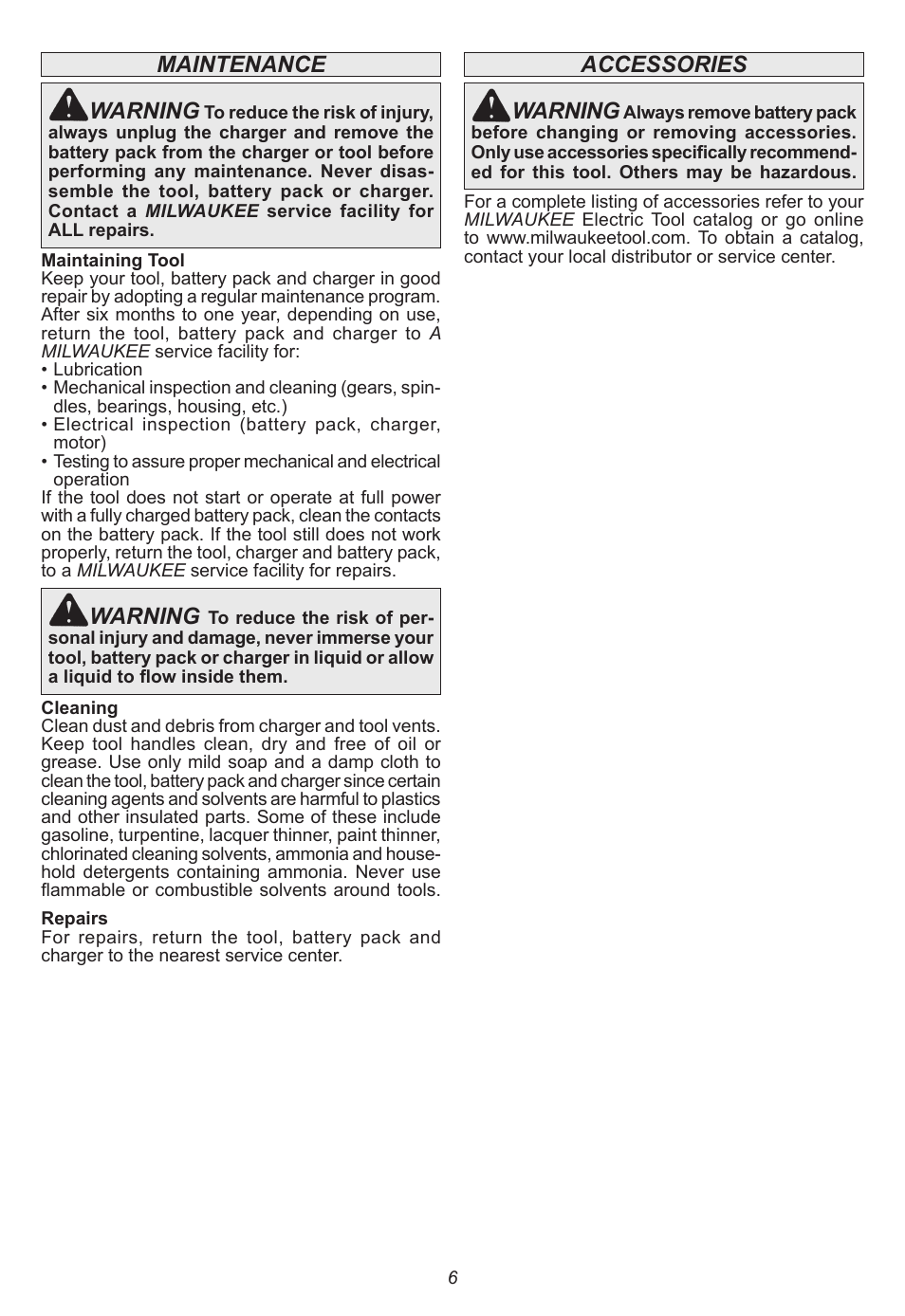 Accessories, Warning, Maintenance | Milwaukee Tool 2401-22 User Manual | Page 6 / 20