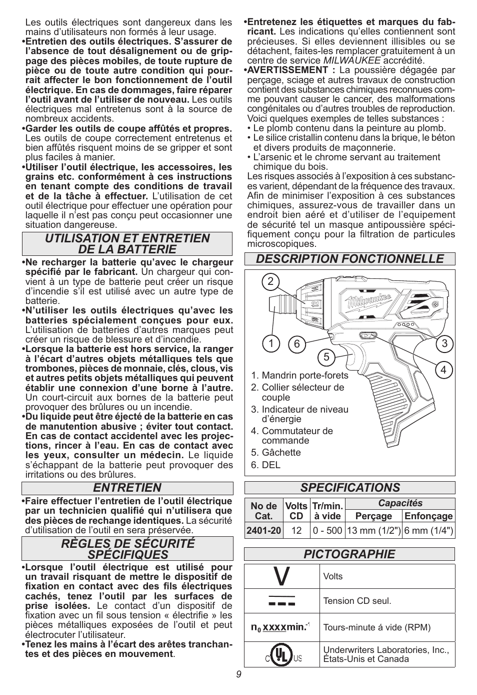 Pictographie, Description fonctionnelle, Specifications règles de sécurité spécifiques | Utilisation et entretien de la batterie, Entretien | Milwaukee Tool 2401-22 User Manual | Page 9 / 20