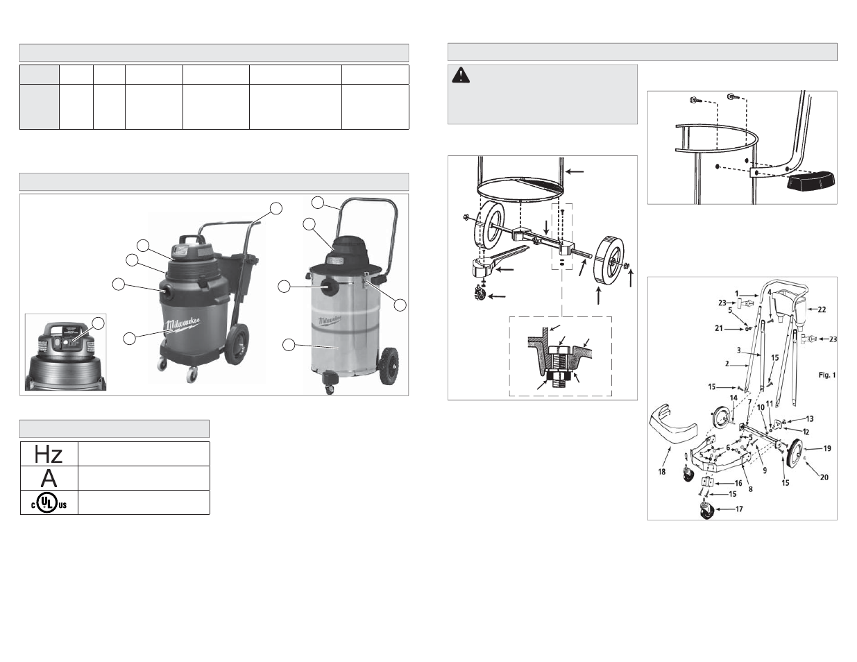 Warning, Specifications functional description assembly, Symbology | Milwaukee Tool 8936-20 User Manual | Page 3 / 15