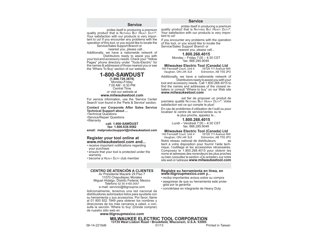 800-sawdust, United states, Canada | Mexico, Milwaukee electric tool corporation | Milwaukee Tool 2217-20 User Manual | Page 15 / 15