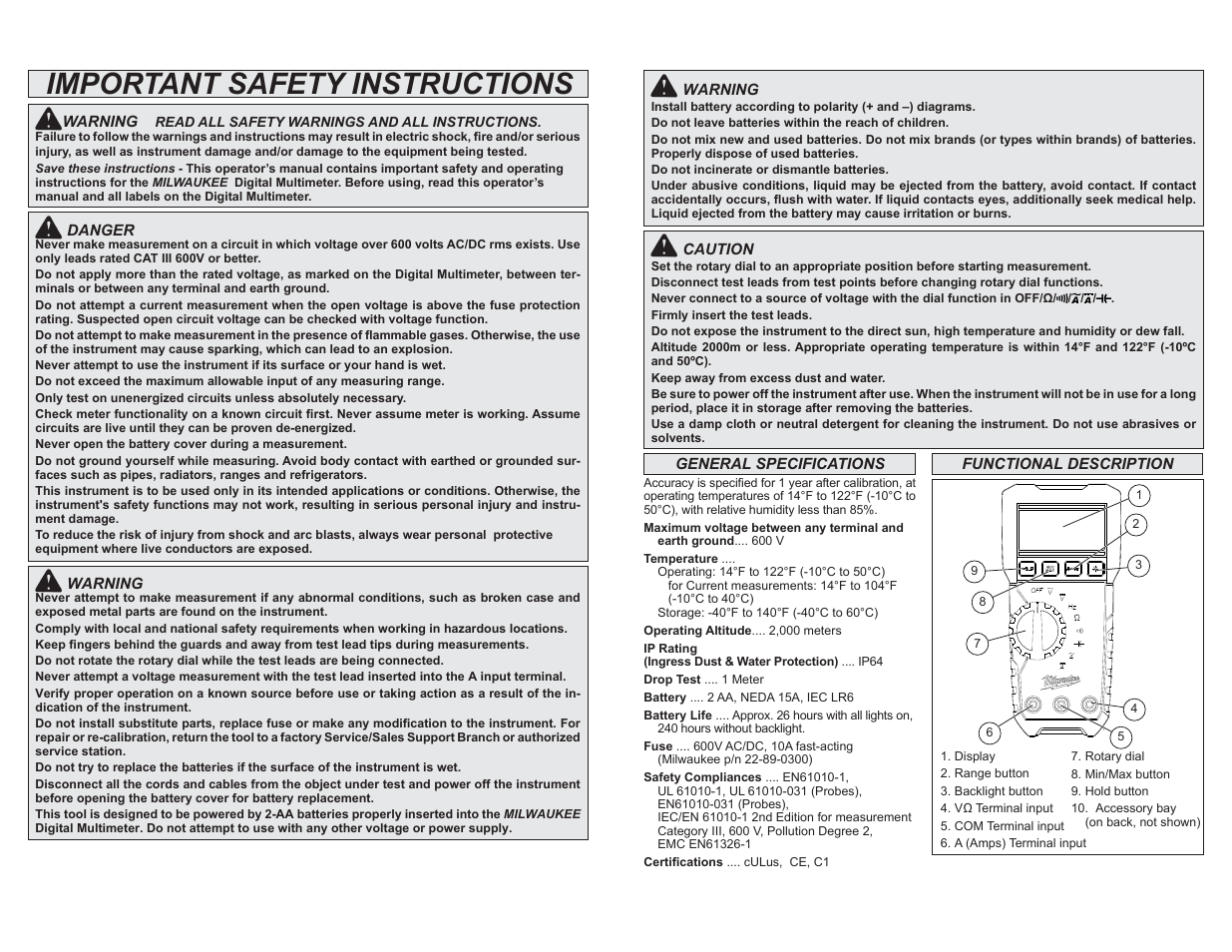 Important safety instructions | Milwaukee Tool 2216-20NST User Manual | Page 2 / 13