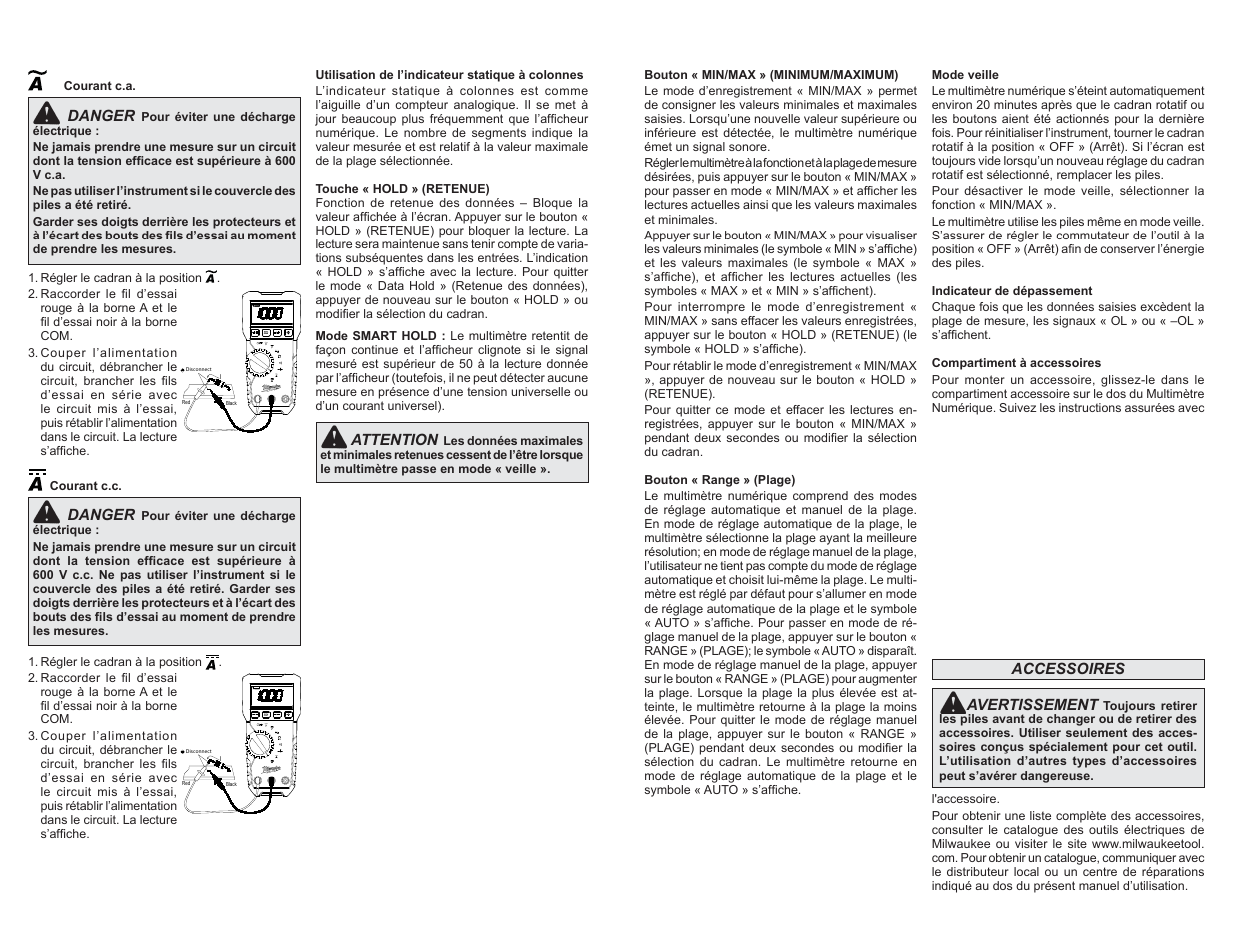 Danger, Attention, Accessoires | Avertissement | Milwaukee Tool 2216-20NST User Manual | Page 8 / 13