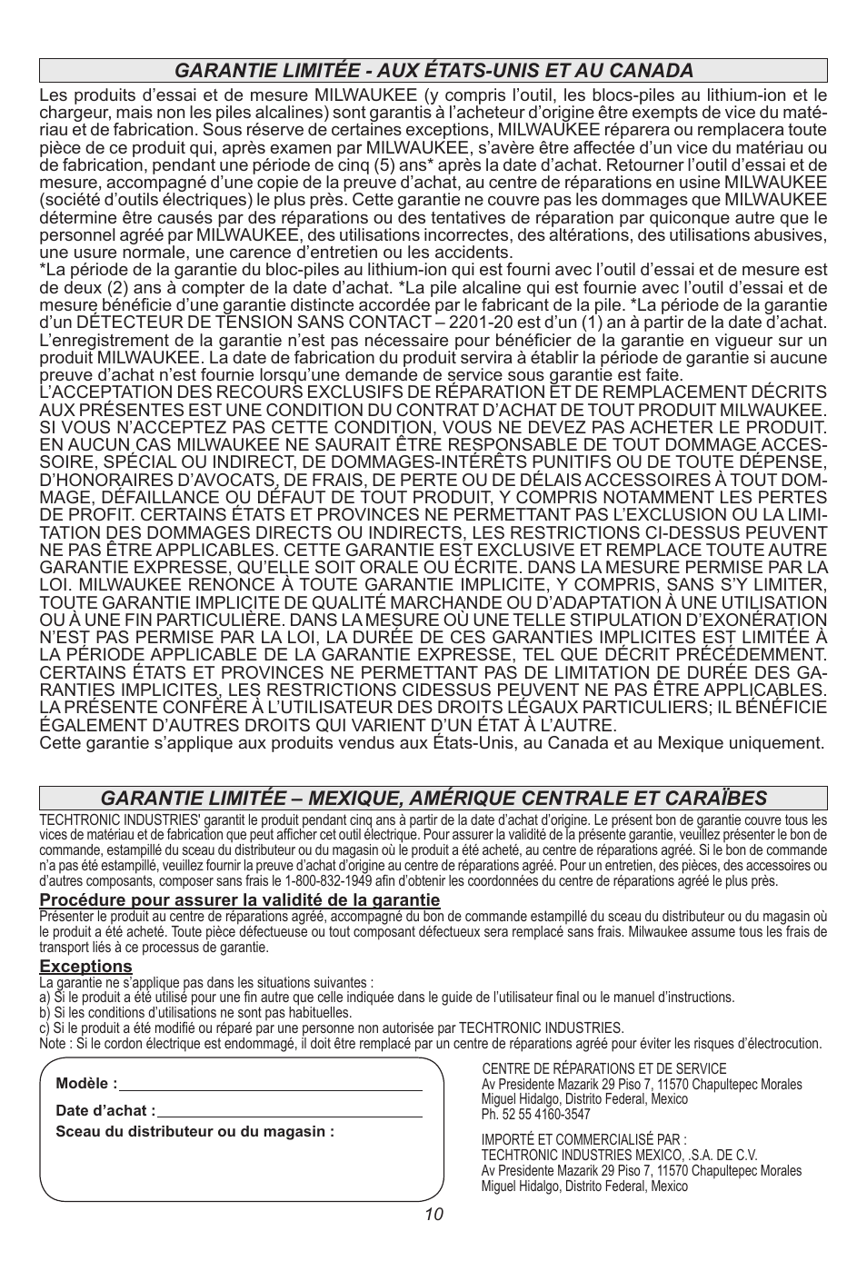 Garantie limitée - aux états-unis et au canada | Milwaukee Tool 2314-21 User Manual | Page 10 / 16