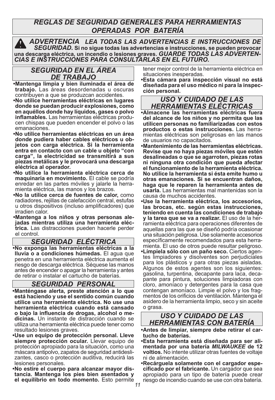 Seguridad personal advertencia, Uso y cuidado de las herramientas eléctricas, Uso y cuidado de las herramientas con batería | Milwaukee Tool 2314-21 User Manual | Page 11 / 16