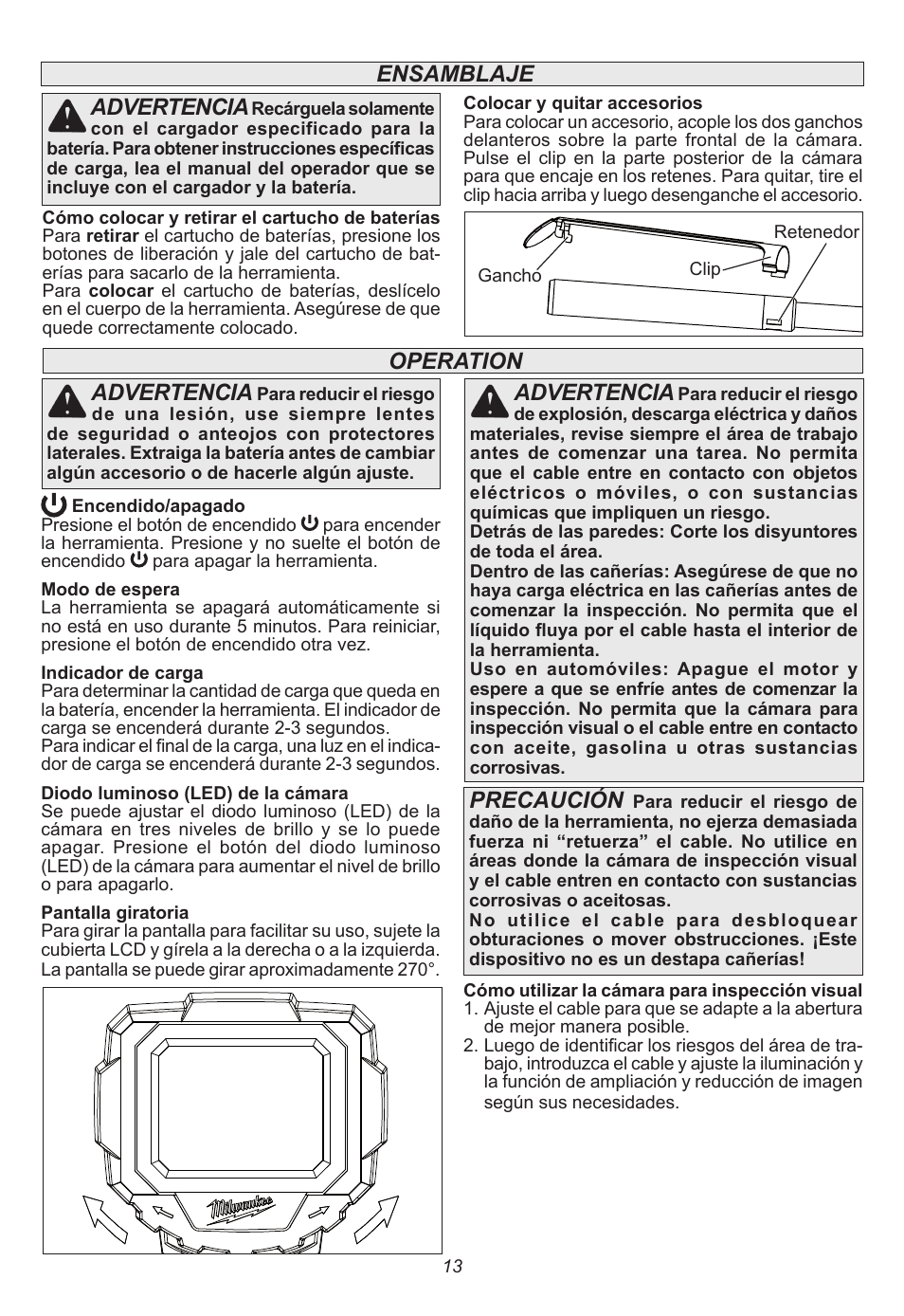 Operation advertencia, Advertencia, Precaución | Ensamblaje advertencia | Milwaukee Tool 2314-21 User Manual | Page 13 / 16