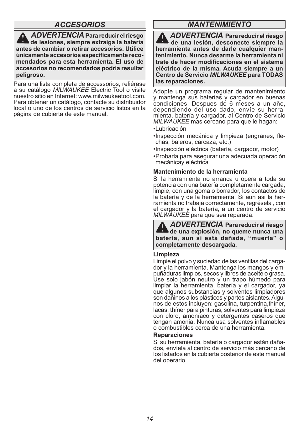 Mantenimiento advertencia, Advertencia, Accesorios advertencia | Milwaukee Tool 2314-21 User Manual | Page 14 / 16