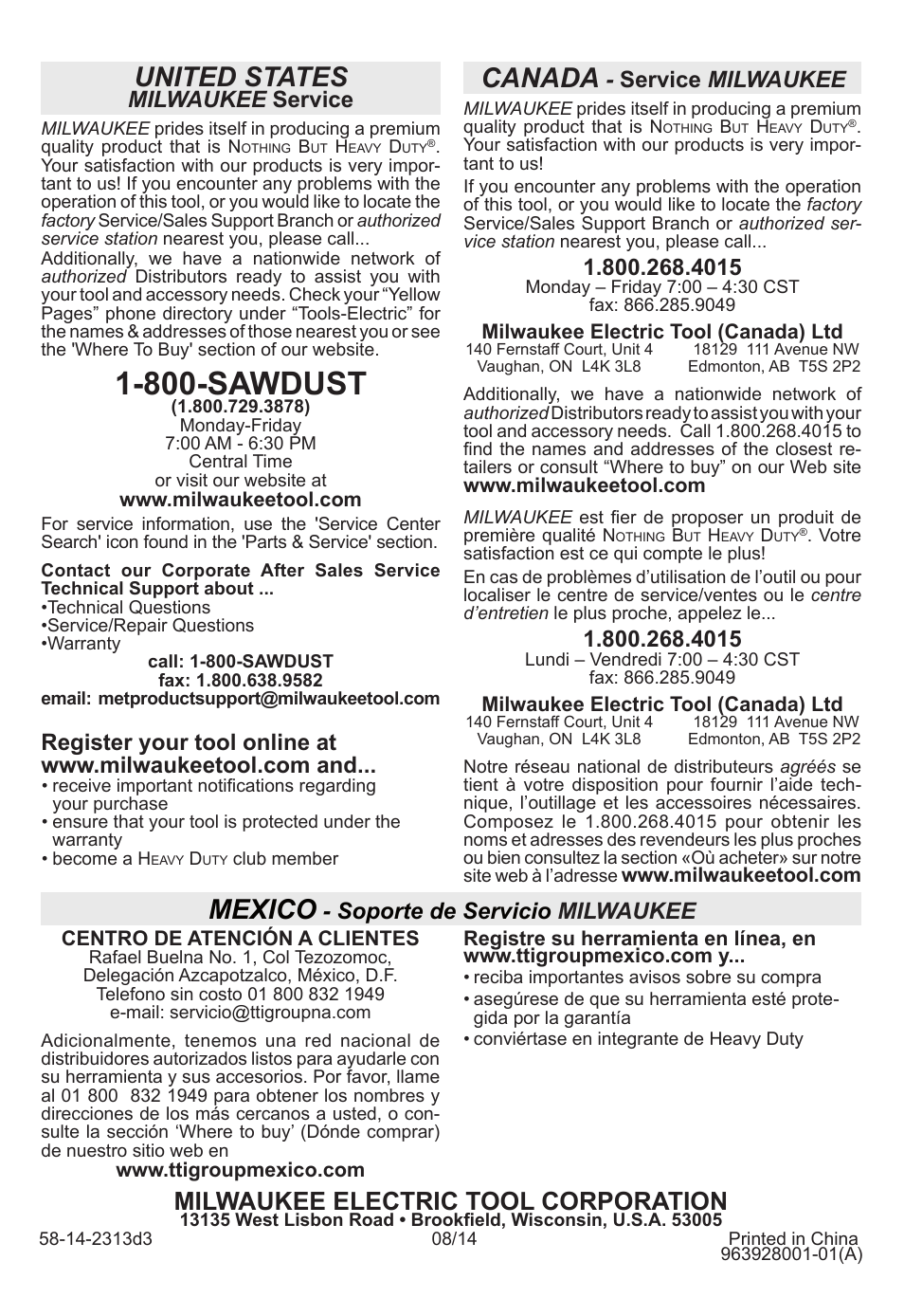 800-sawdust, United states, Canada | Mexico, Milwaukee electric tool corporation, Milwaukee service, Service milwaukee, Soporte de servicio milwaukee | Milwaukee Tool 2314-21 User Manual | Page 16 / 16