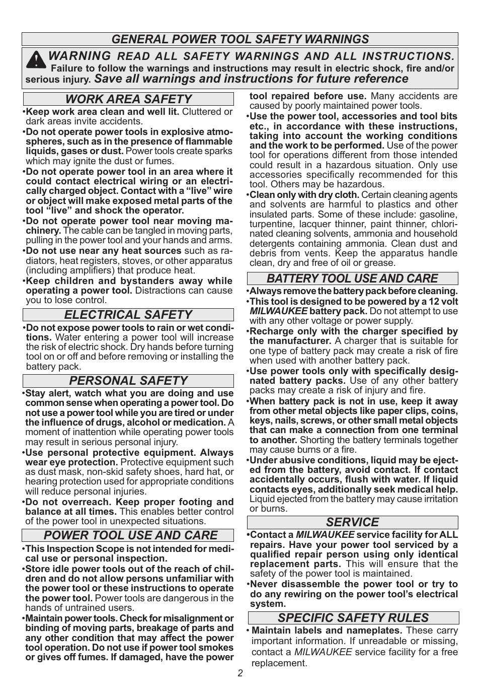 Warning, Battery tool use and care service, Specific safety rules | Milwaukee Tool 2314-21 User Manual | Page 2 / 16